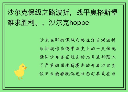 沙尔克保级之路波折，战平奥格斯堡难求胜利。，沙尔克hoppe