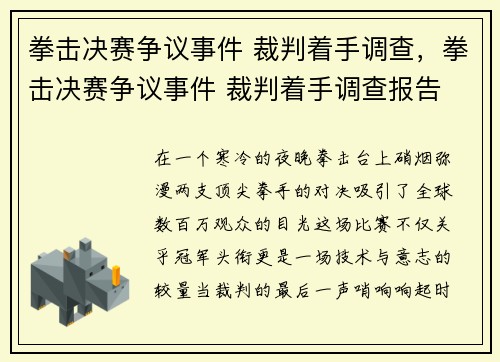 拳击决赛争议事件 裁判着手调查，拳击决赛争议事件 裁判着手调查报告