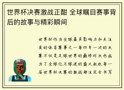 世界杯决赛激战正酣 全球瞩目赛事背后的故事与精彩瞬间